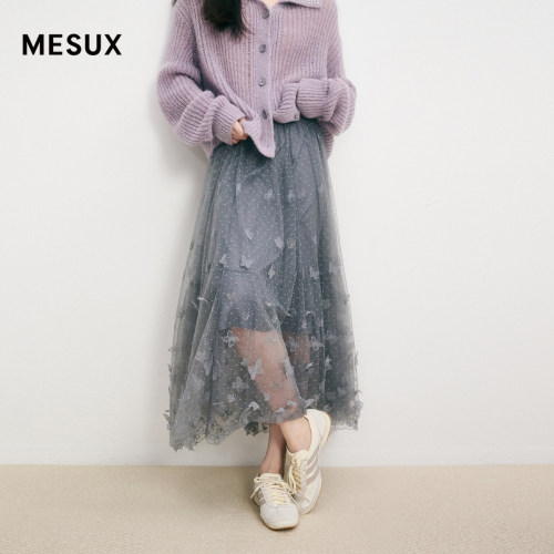 MESUX米岫秋冬女3D立体蝴蝶刺绣网纱仙女裙MMWUS405