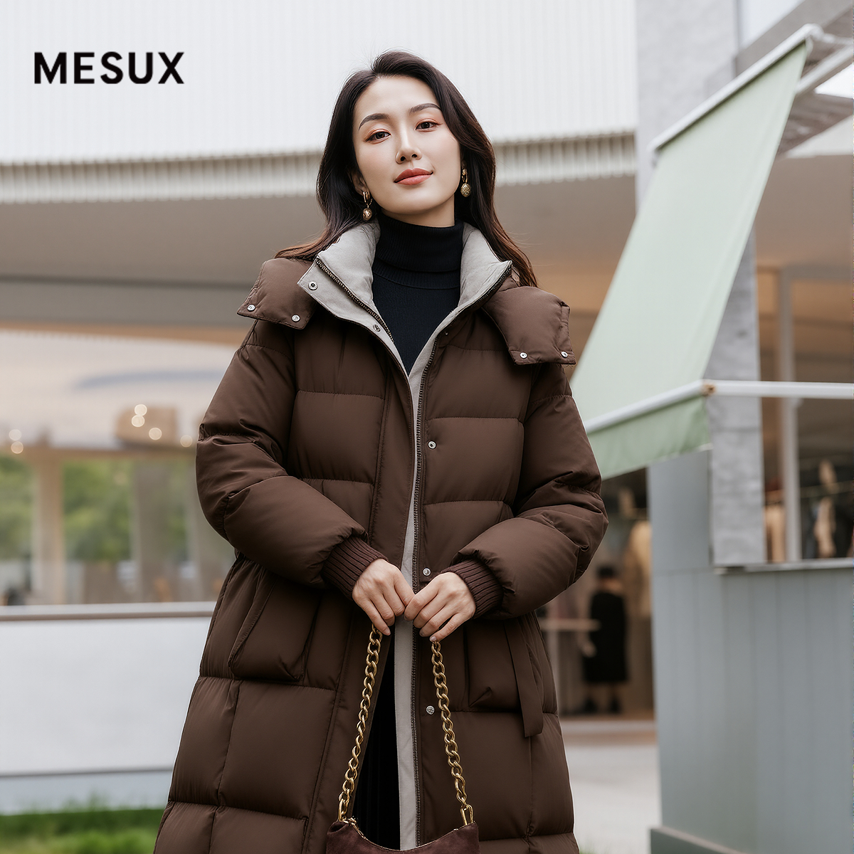 MESUX米岫25冬90鸭绒都市功能型防风高领连帽长款羽绒服MNWSL302