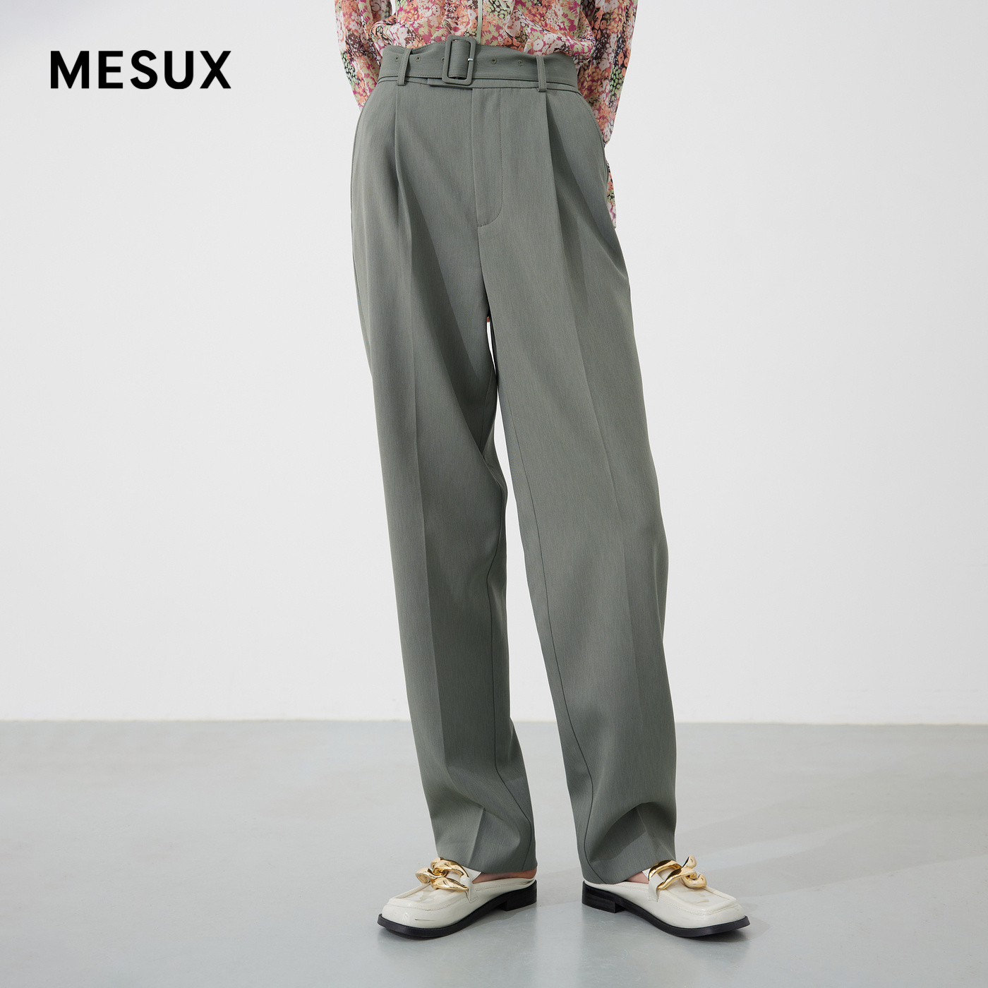 MESUX米岫仿麻腰带可脱卸压褶收口修身西装裤长裤MKSUQ417