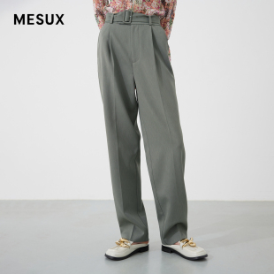 长裤 裤 MKSUQ417 西装 MESUX米岫仿麻腰带可脱卸压褶收口修身