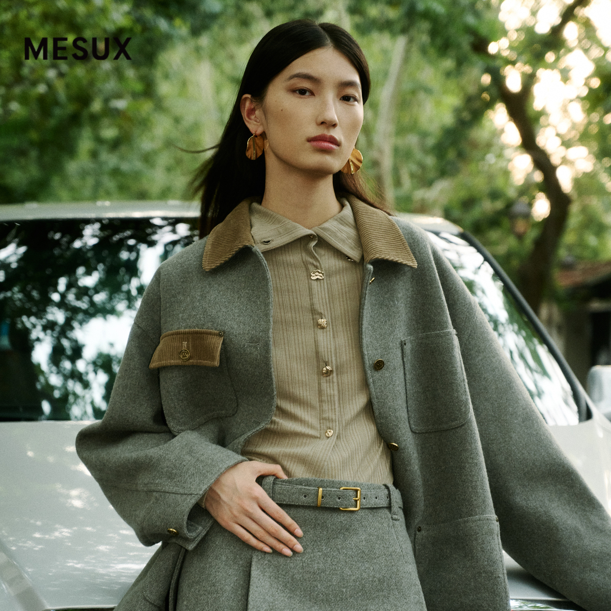 MESUX米岫新品绵羊毛拼接领中长款大衣毛呢外套女MMWUI404