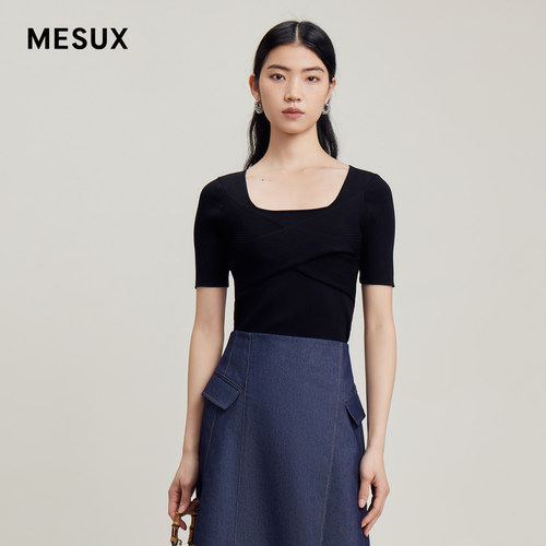 MESUX米岫夏季女装大领口短袖修身针织衫女通勤MLMUE309