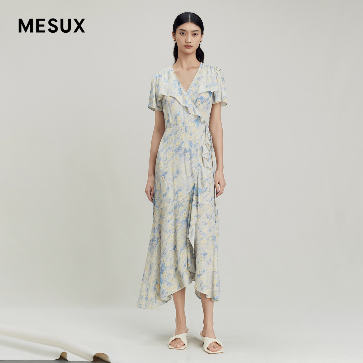 MESUX米岫夏季女装荷叶边V领印花连衣裙中长款仙女裙子MLMUO445