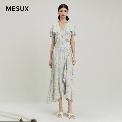 MESUX米岫夏季女装荷叶边V领印花连衣裙中长款仙女裙子MLMUO445