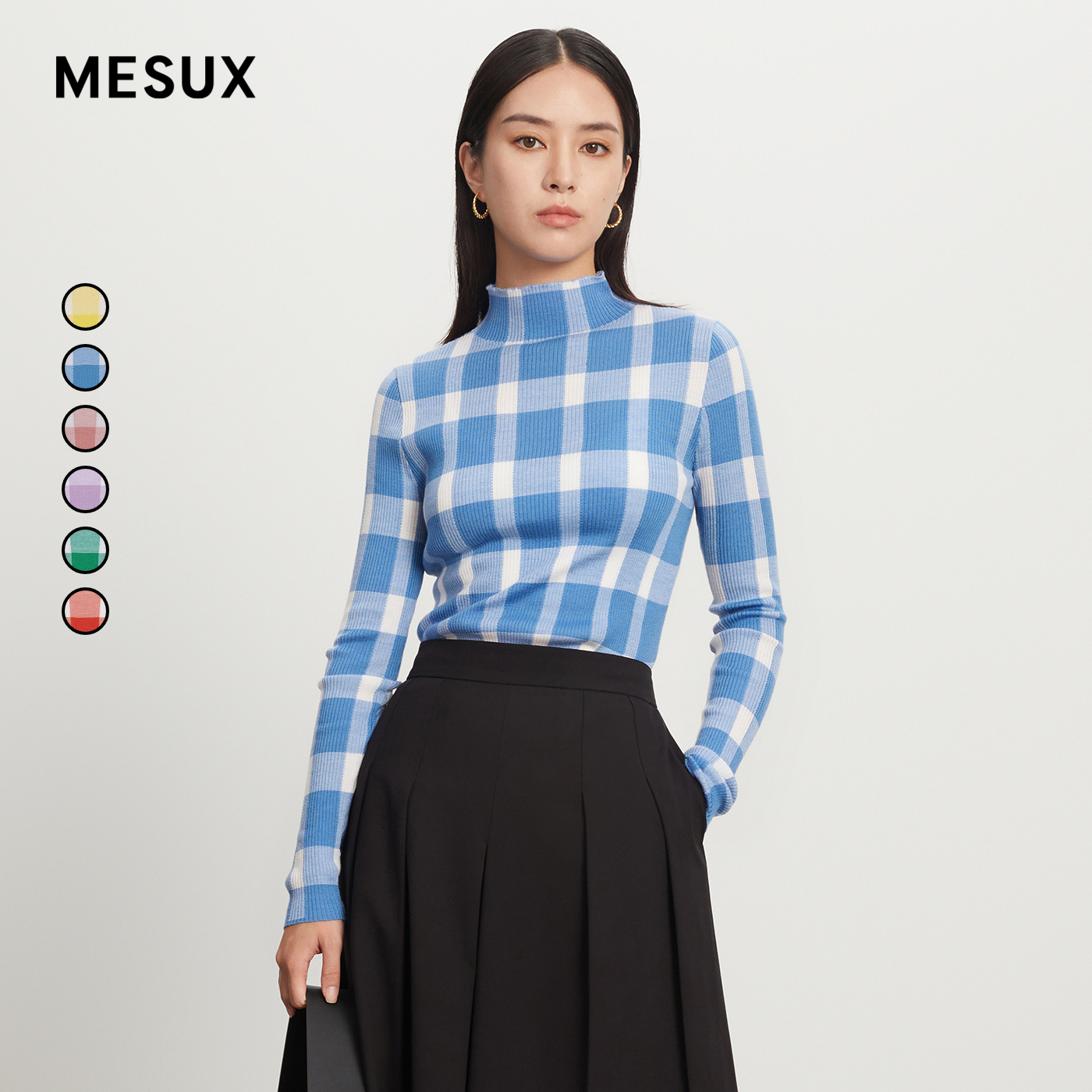 MESUX米岫超细羊毛混纺时尚复古多巴胺彩色格纹打底毛衫MKWUE422