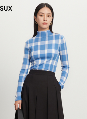 MESUX米岫超细羊毛混纺时尚复古多巴胺彩色格纹打底毛衫MKWUE422