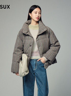 MESUX米岫冬季新品时尚设计白鹅绒条纹面包短款羽绒服女MLWUL201