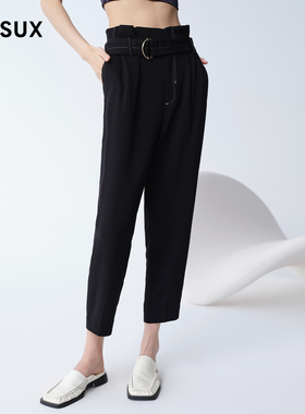 MESUX米岫混纺面料腰带装饰简约实穿黑色锥形长裤
