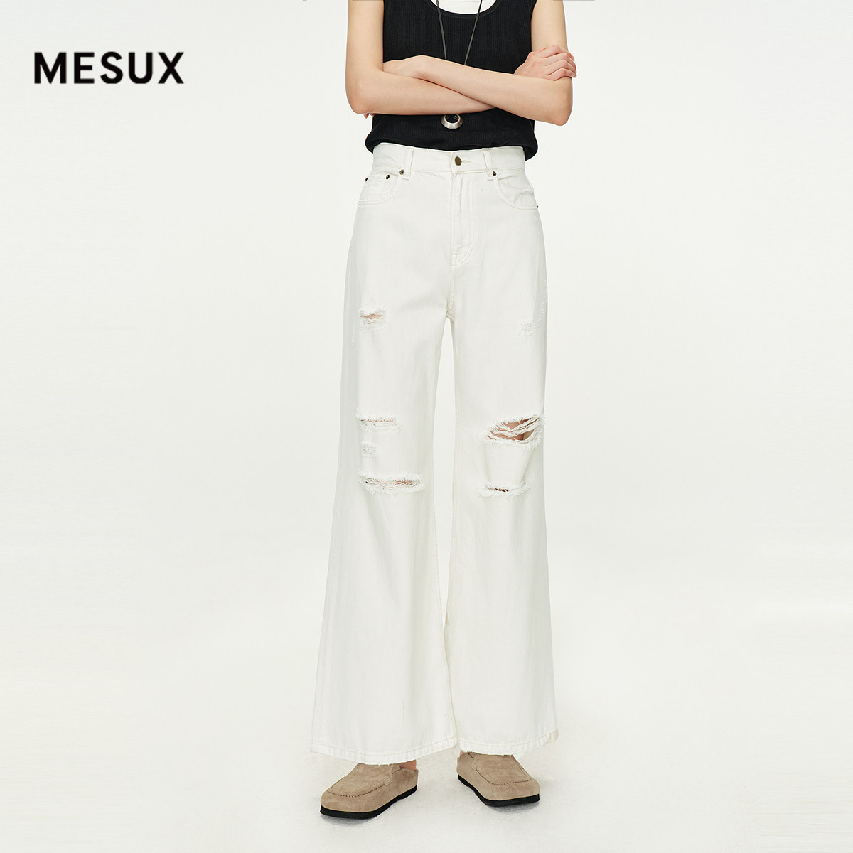 MESUX米岫秋季女装复古时尚白色破洞微喇牛仔长裤MMFUR410