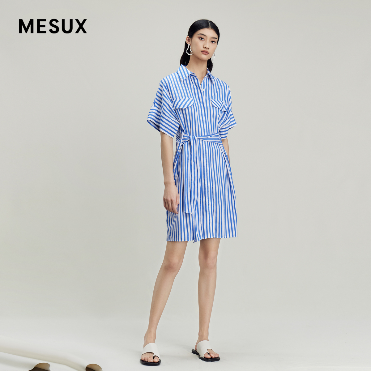 MESUX米岫本布腰带宽松大折边设计衬衫式系带连衣裙MKMUO455