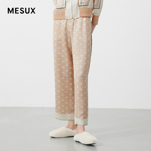 MESUX米岫新品 MKSUQ419 醋酸定位印花螺纹松紧腰带复古波点直筒裤