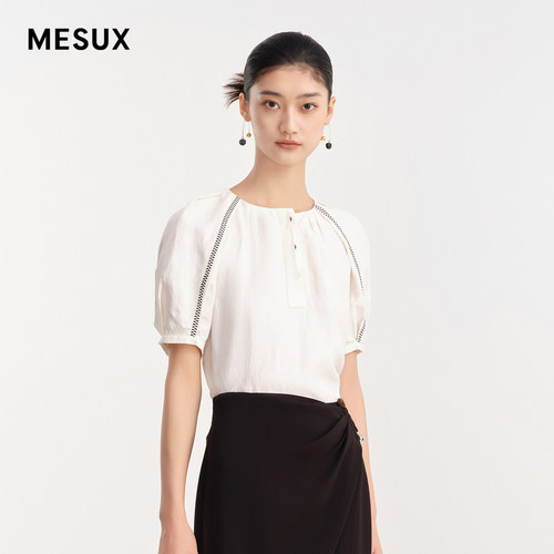MESUX米岫夏季女装短袖无领衬衫绣线泡泡袖T恤上衣女MLMUD317