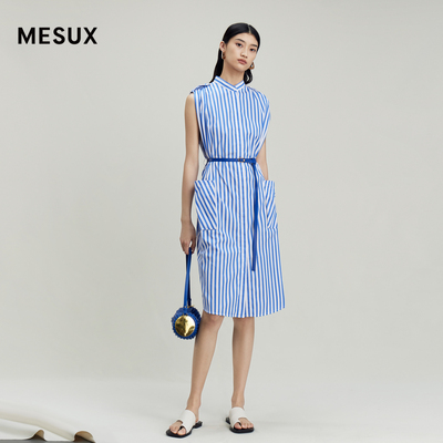 MESUX米岫色织棉细条纹收腰无袖工装感小高领连衣裙MKMUO309