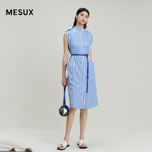MESUX米岫色织棉细条纹收腰无袖工装感小高领连衣裙MKMUO309