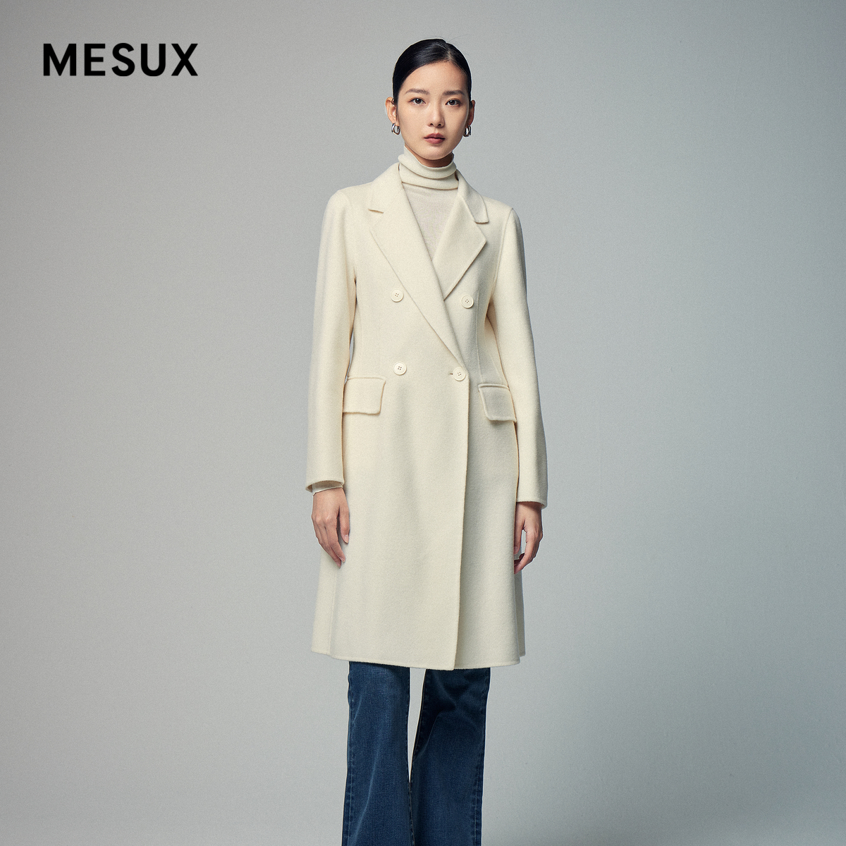 MESUX米岫冬季新品盖袋设计简约翻领西装式双面呢大衣MKWUI221