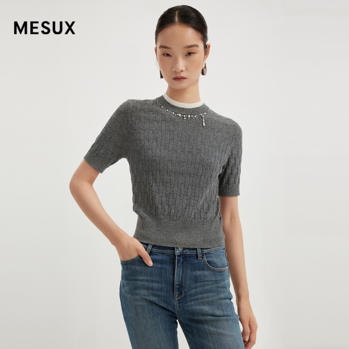 【福原爱同款】MESUX米岫新品女圆领修身针织衫MMFUE305
