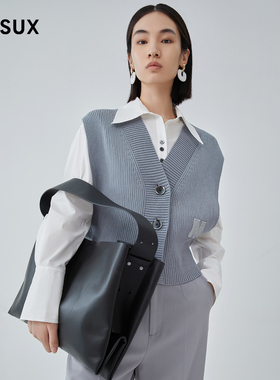 MESUX米岫秋季落肩绣标时尚宽松叠穿廓形针织开衫马甲MKFUE203