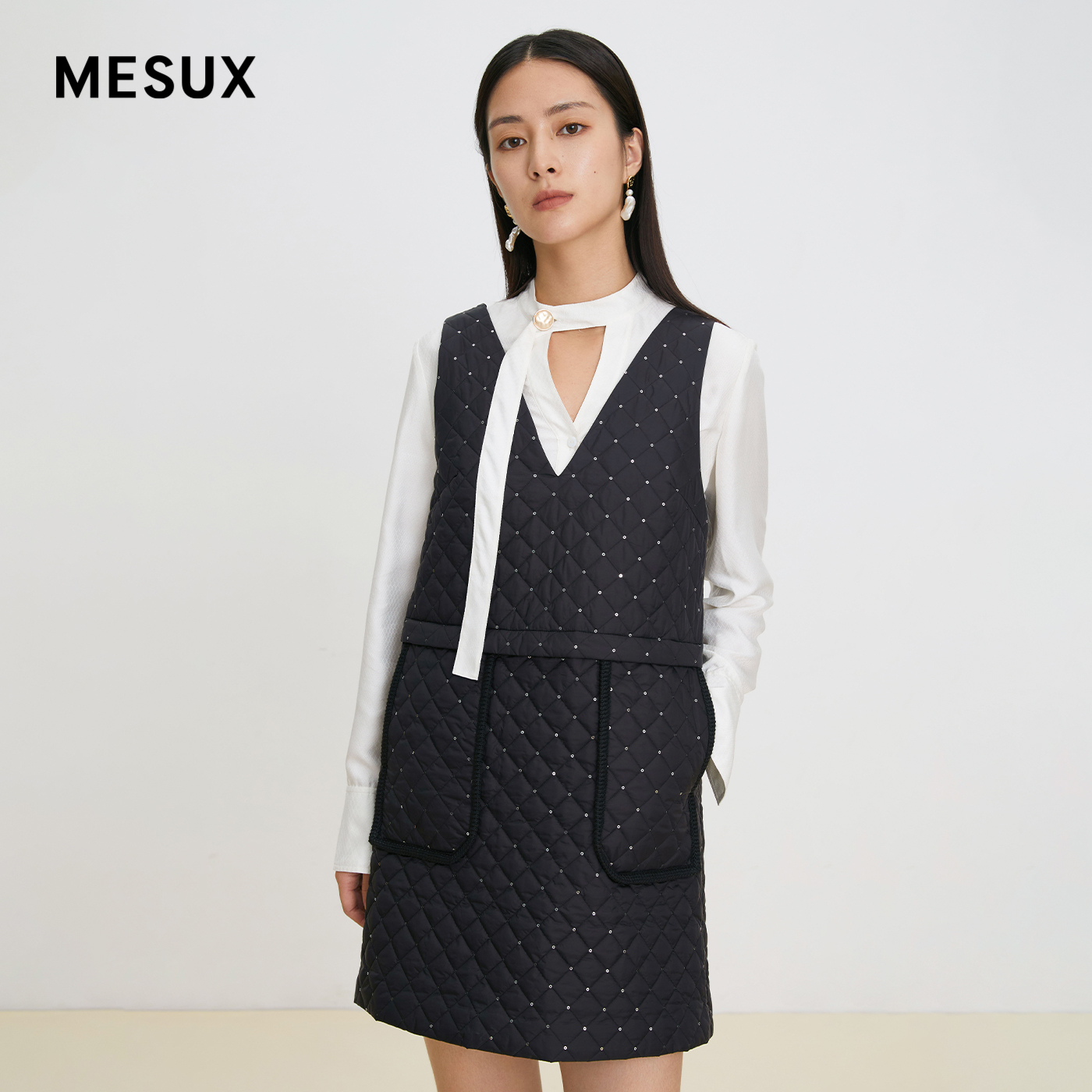 MESUX米岫秋季新款小A裙V领绗棉时尚少女背心裙连衣裙MKFUO303