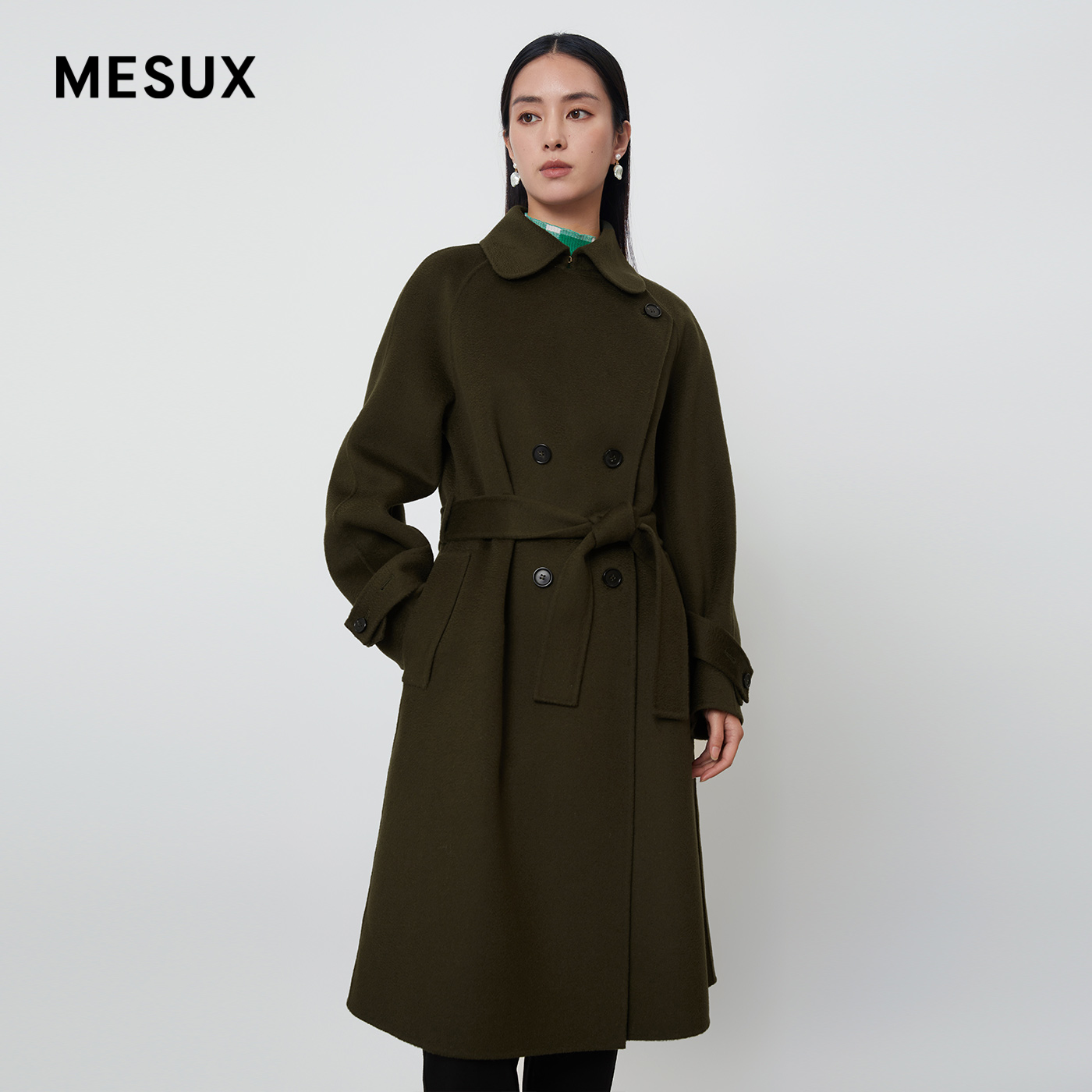 MESUX米岫冬季新款衣设计翻领斜襟系带双面呢大衣MKWUI302