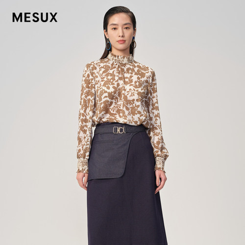 MESUX米岫女装花卉印花缩绣荷叶领上衣女衬衫MLSUD502