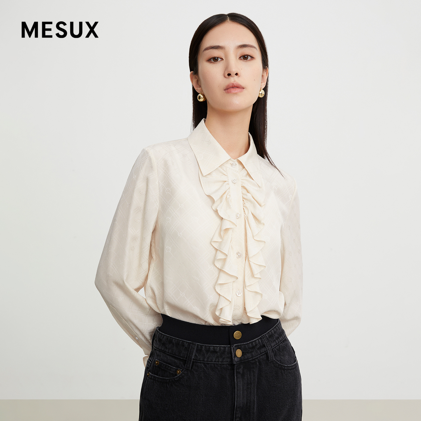 MESUX米岫秋新款真丝几何提花优雅复古荷叶襟衬衫MKFUC424