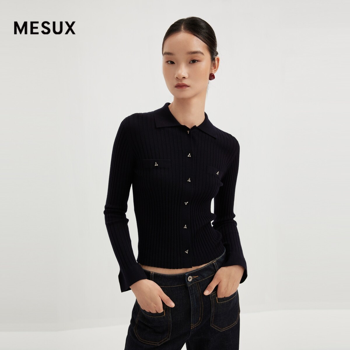MESUX米岫秋季女绵羊毛翻领修身套头毛衫MMFUE401