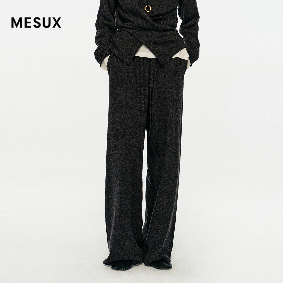 MESUX米岫25冬美丽诺羊毛慵懒感空气层阔腿裤休闲针织裤MNWSE701