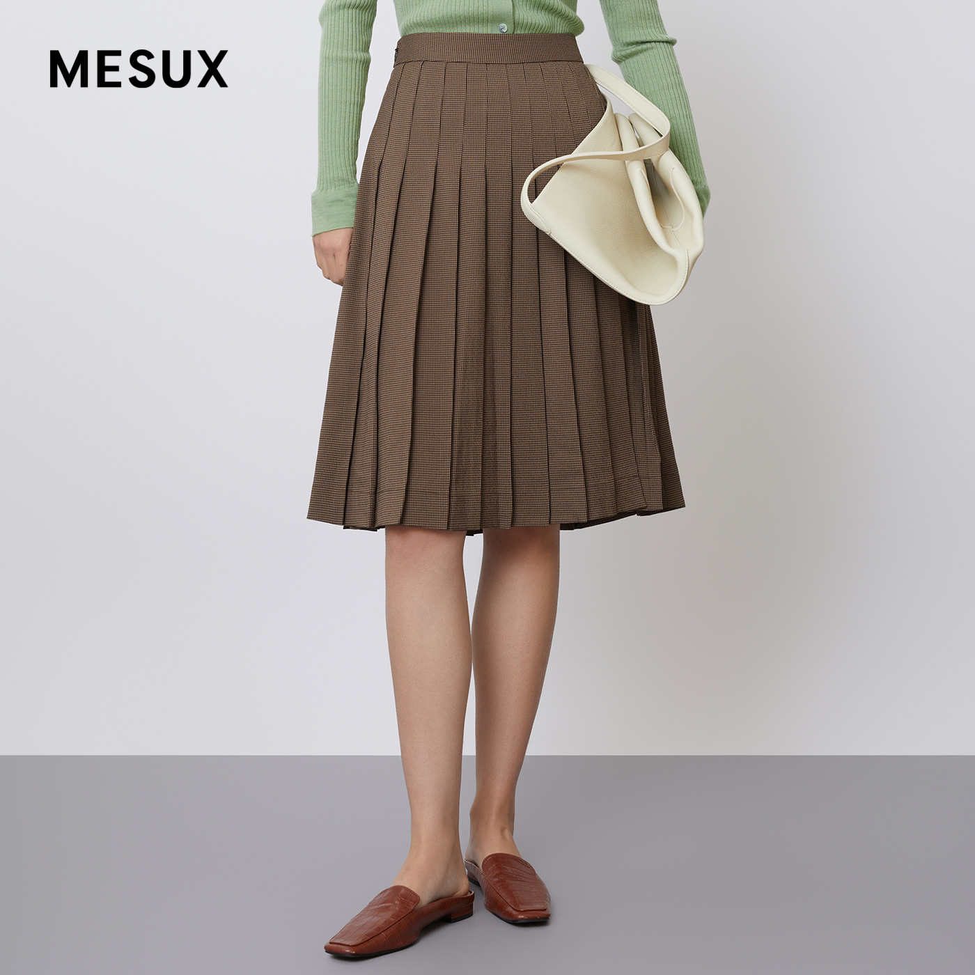MESUX米岫冬季新简约复古套装不规则下摆千鸟格百褶裙MKWUS306