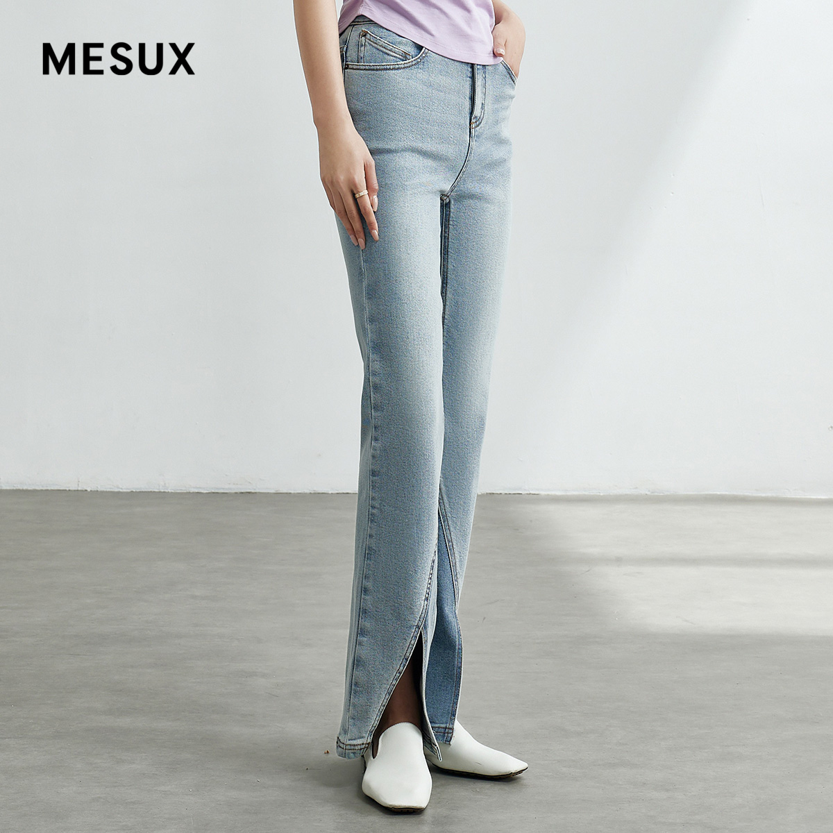 MESUX米岫秋季新品开叉微喇牛仔裤女马蹄裤MLFUR411