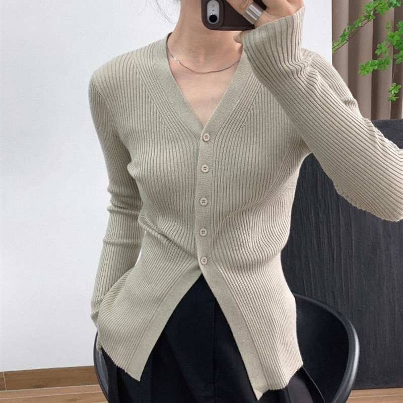 高开叉显高羊毛长袖V领针织开衫秋款外套女新款2023秋冬打底上衣