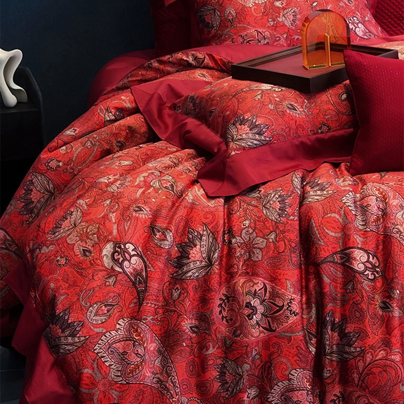 共绘浪漫~奢雅欧式婚庆四件组100S全棉纯棉红色结婚被套床单床品