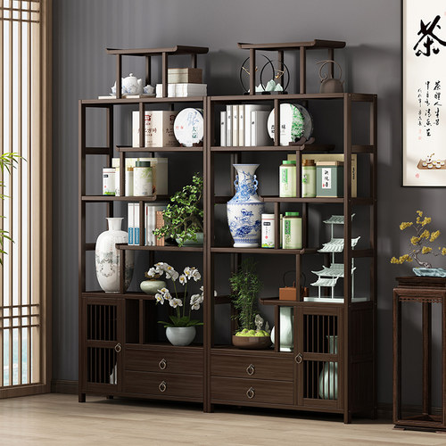 博古架实木新中式多宝阁茶叶架展示柜摆件柜茶室茶具收纳置物架子