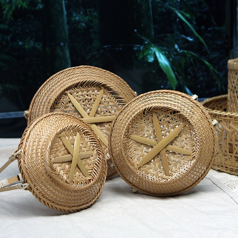 手工竹编提篮家用茶点盘水果篮子糕点托盘小竹篮结婚竹编篮篓子