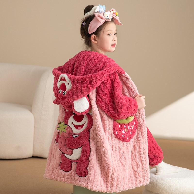 珊瑚绒女童睡衣2024新款秋冬季加绒加厚儿童法兰绒女孩睡袍家居服