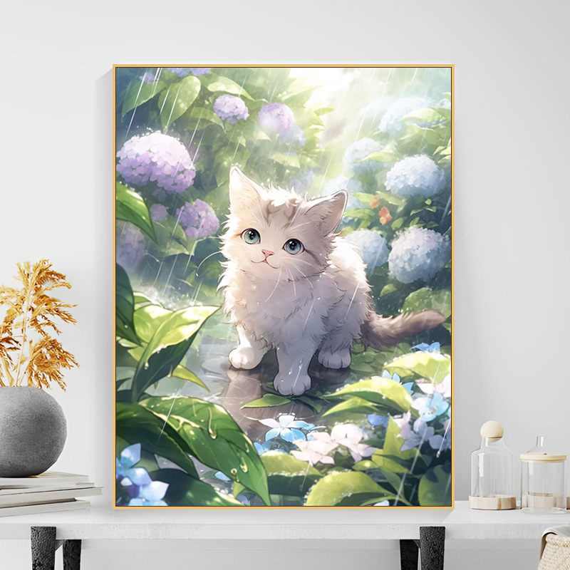 雨中猫咪数字油画diy 填充涂色手工手绘丙烯油彩画装饰挂画可爱图片