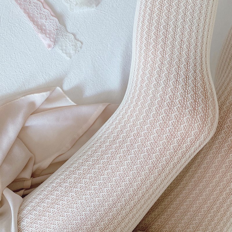 绝美蕾丝袜子梦幻奶油白色无缝法式温柔复古新娘竖条纹镂空连裤袜