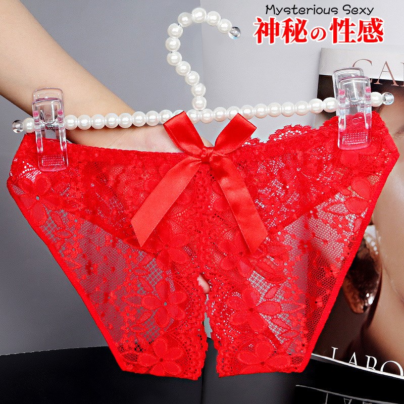 新品大码开裆T字丁内裤女后蝴蝶结细带蕾丝短裤透明镂空三角裤情