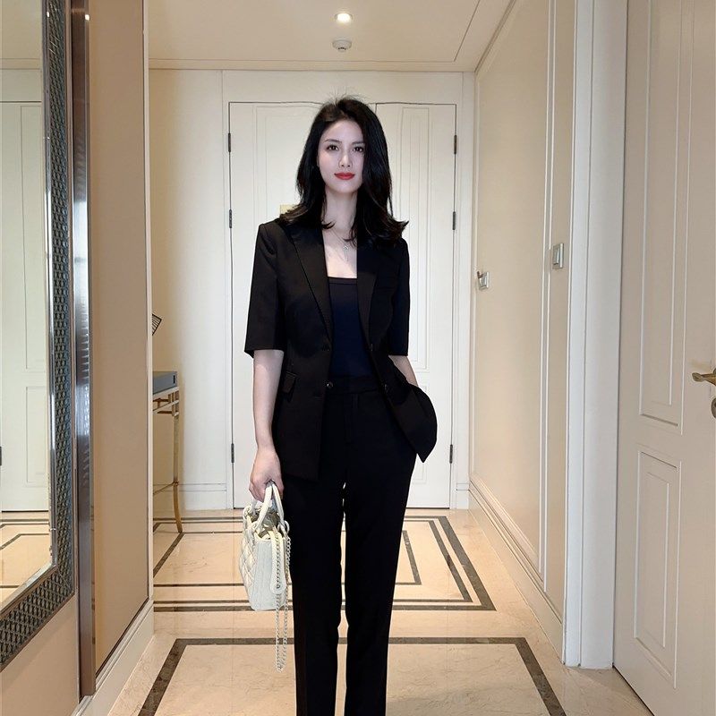 夏款黑色中袖开叉单排扣西服薄款女士修身职业西装套装女九分裤