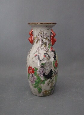 景德镇仿古陶瓷器乾隆粉彩福寿鹤图花瓶家居装饰摆件做旧展柜收藏