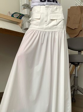 Common in 0120 白色高级拼接低腰超大伞裙半身裙小众a字长裙女