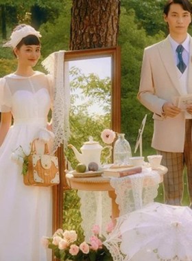 法式新款婚纱摄影道具外景旅拍田园风格画架复古油画黑色弯把竹伞