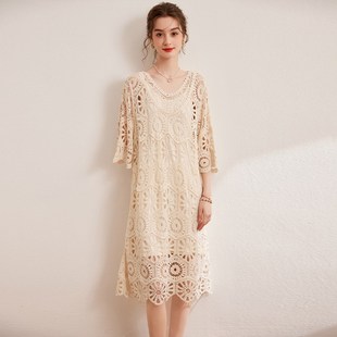新款 套装 优雅宽松罩衫 吊带裙女式 长款 白鹿语镂空蕾丝两件套24秋季