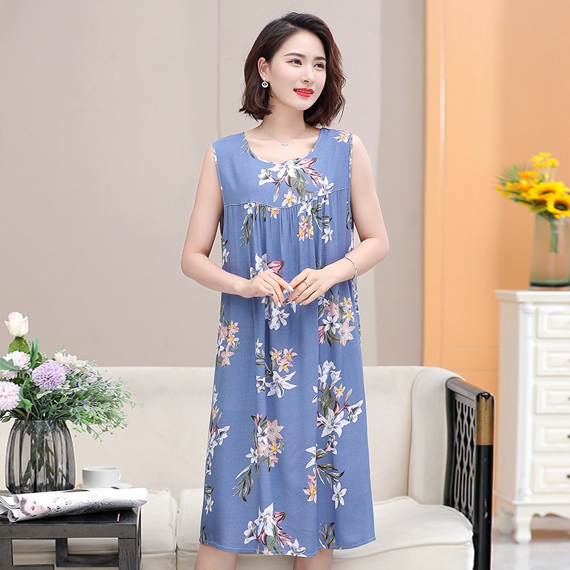 中老年妈妈夏装粘稠成人棉绸睡衣女棉球无袖睡裙中年的棉稠连衣裙