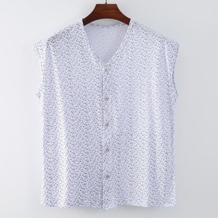 针织棉开襟砍袖 夏季 系扣宽肩背心碎花汗衫 纯棉中老年女士妈妈开衫