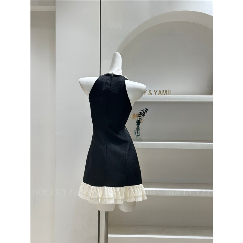 JIOLEFY22高级黑色千金珍珠挂脖连衣裙女显瘦满天星a字生日礼服裙