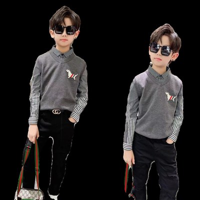 童装秋冬新款儿童条纹衬衫男童毛衣马甲洋气中大童针织假两件上衣