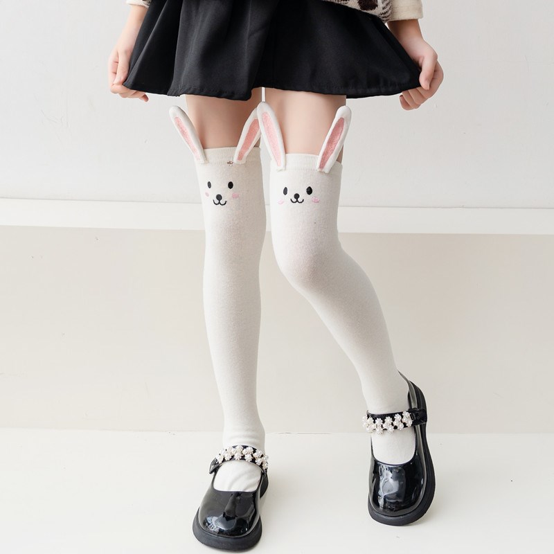 女童春秋季高长筒袜子薄款棉袜儿童卡通白色打底大小腿过膝袜宝宝