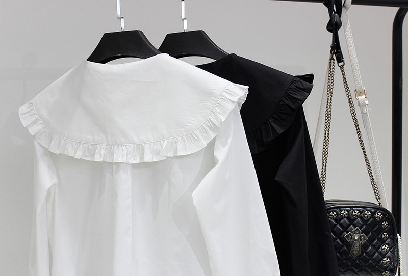 春夏季新款黑色白色女衬衫娃娃领木耳边大领子开襟气质衬衫有大码