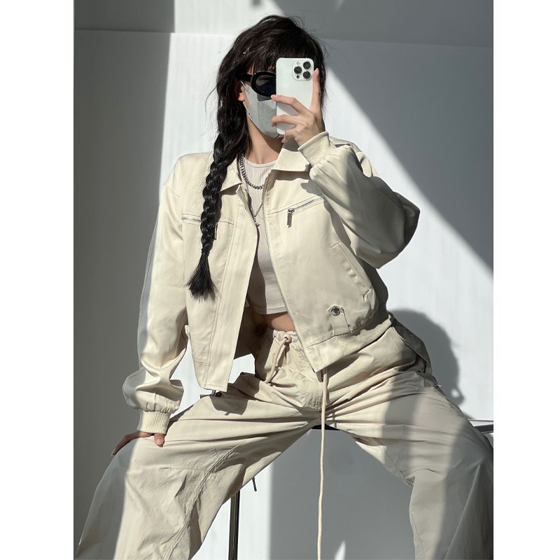 叛逆机车风甜酷复古设计感工装户外风衣外套女翻领宽松飞行夹克