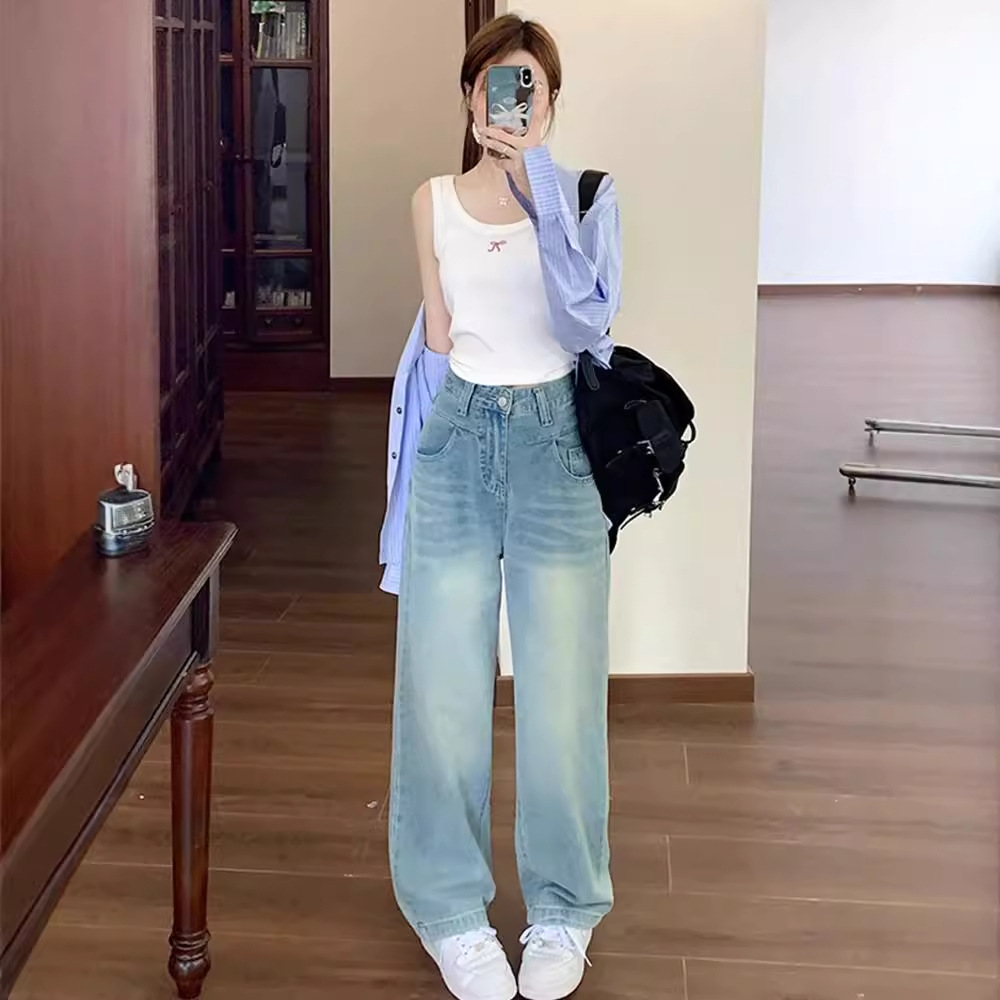 【我们俩】高腰阔腿牛仔女秋季大码显瘦直筒胖mm苹果型宽松拖地裤